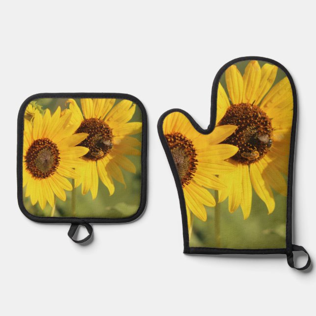 Wild Sunflowers and Bees Farmhouse Style Ofenhandschuh & Topflappen-Set (Vorderseite)