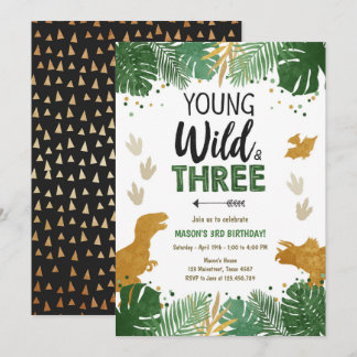 Wild Three Dino Party Boy Gold Dinosaur Geburtstag Einladung