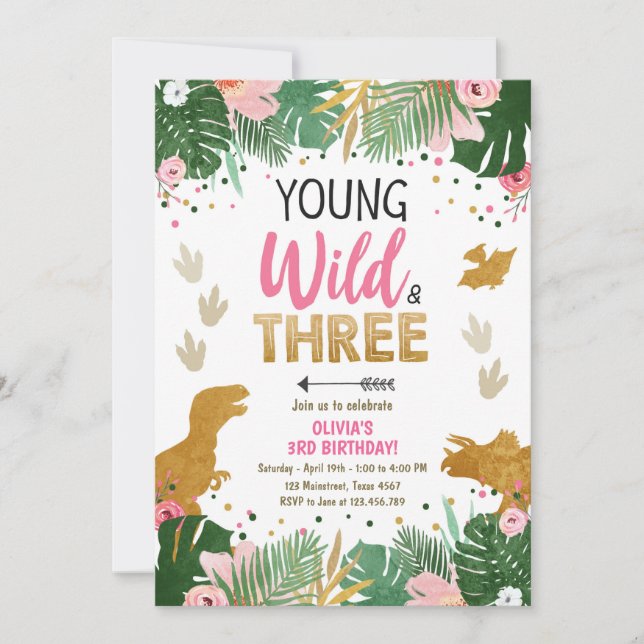 Wild Three Dino Party Girl Pink Dinosaur Geburtsta Einladung (Vorderseite)