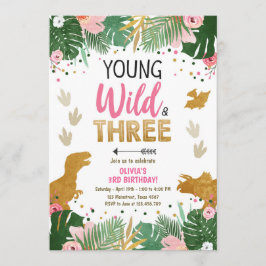 Wild Three Dino Party Girl Pink Dinosaur Geburtsta Einladung