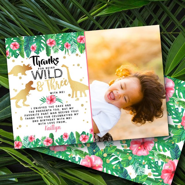 Wild & Three Girls Dinosaur Dritter Geburtstag Fot Dankeskarte (Von Creator hochgeladen)