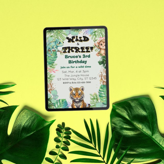 Wild & Three, Wasserfarben-Dschungel-Geburtstag Einladung (Von Creator hochgeladen)