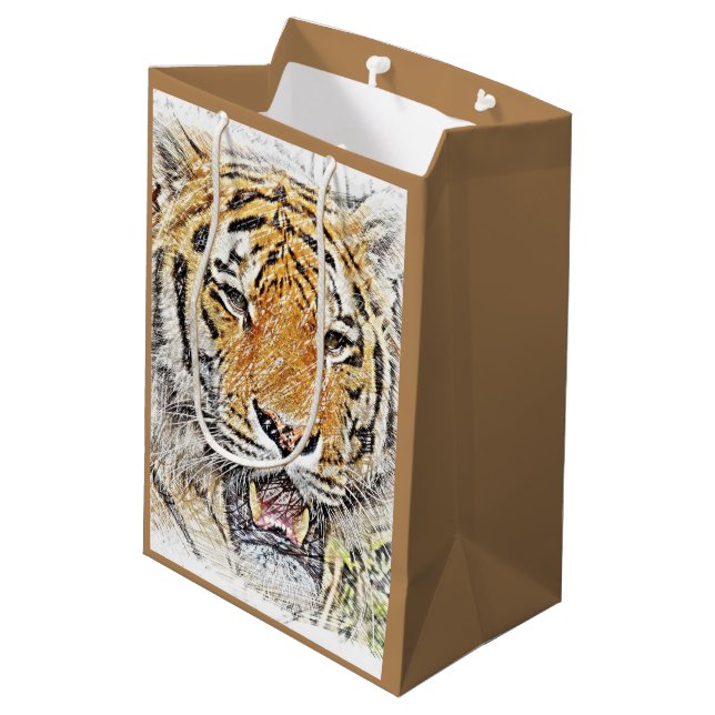 Wild Tiger Sketch - Safari Thema Mittlere Geschenktüte (Rückseite Schrägansicht)