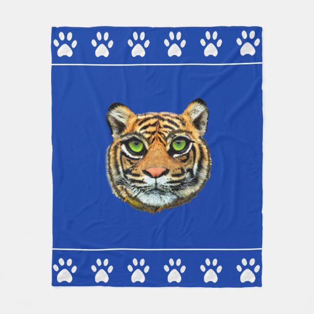 Wild Tiger und Paws auf blau Fleecedecke (Vorderseite)