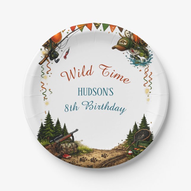 Wild Time Hunting and Fishing Boys 8th Birthday  Pappteller (Vorderseite)