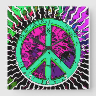 Wild Trippy Hippie Peace Sign Quadratische Wanduhr