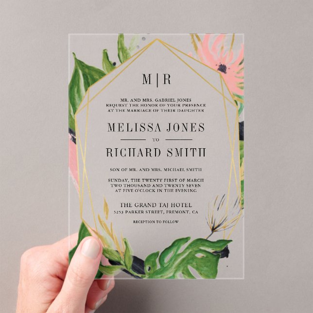 Wild Tropical Gold Pink Floral Wedding Acryleinladungen (Insitu (Handheld))