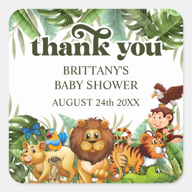 Wild Tropical Jungle Safari Tier Vielen Dank Quadratischer Aufkleber (Vorderseite)