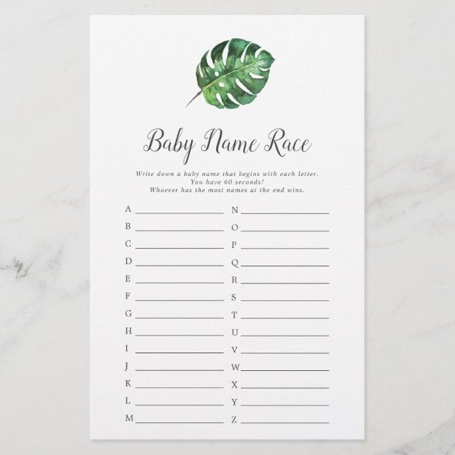 Wild Tropical Palm Baby Shower Baby Name Race Game (Vorderseite)