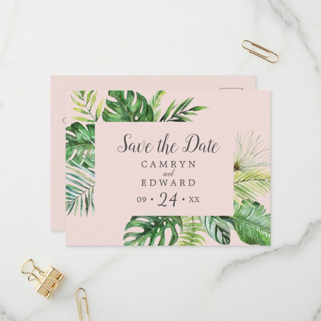 Wild Tropical Palm | Blush Save the Date Postkarte (Vorderseite/Rückseite Beispiel)