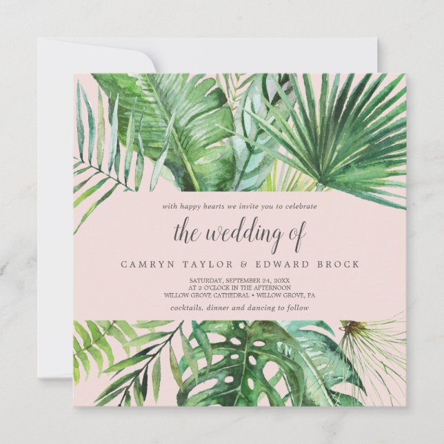 Wild Tropical Palm | Blush Square Wedding Einladung (Vorderseite)
