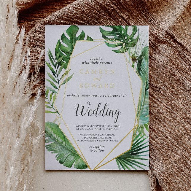 Wild Tropical Palm | Gold Foil Geometric Wedding F Folieneinladung (Von Creator hochgeladen)