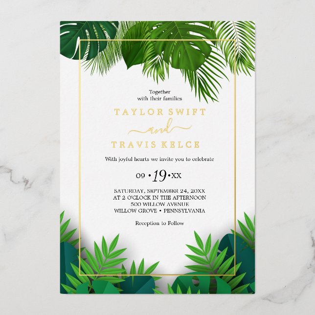 Wild Tropical Palm | Goldfoil Hexagon Hochzeit Folieneinladung (Vorderseite)