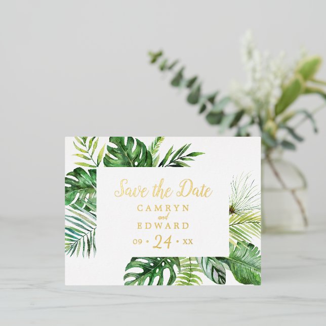 Wild Tropical Palm | Goldfolie Save the Date Folie Einladungspostkarte (Stehend vorne)