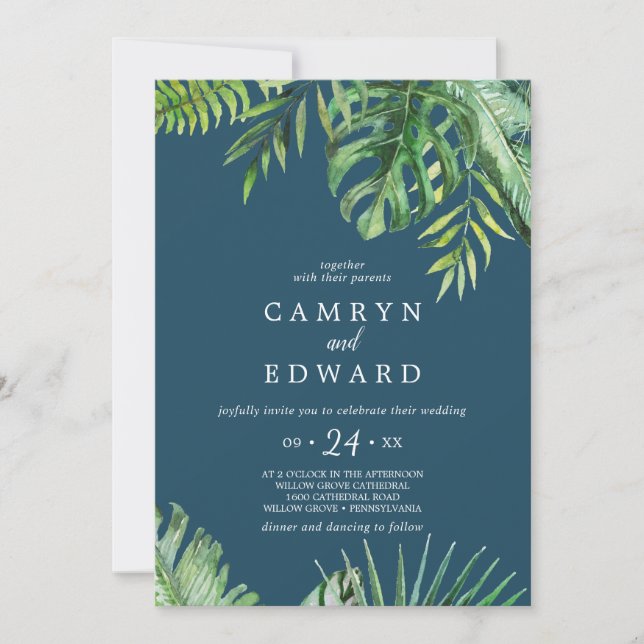 Wild Tropical Palm | Navy Blue Lässig Wedding Einladung (Vorderseite)