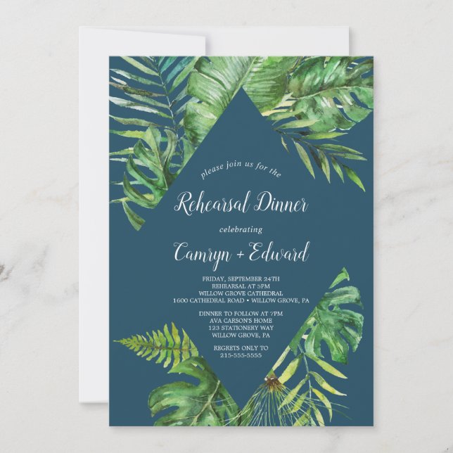 Wild Tropical Palm | Navy Blue Probe Dinner Einladung (Vorderseite)