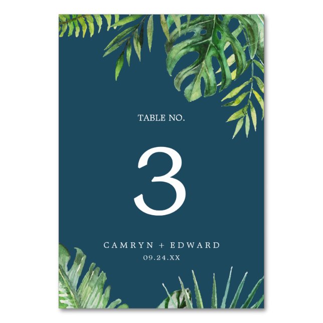 Wild Tropical Palm | Navy Blue Tischnummer (Vorderseite)
