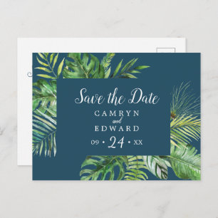 Wild Tropical Palm   Navy Save the Date Postcard Einladungspostkarte