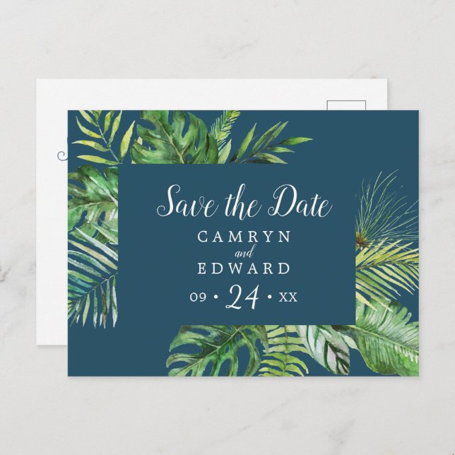 Wild Tropical Palm | Navy Save the Date Postcard Einladungspostkarte (Vorne/Hinten)