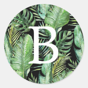 Wild Tropical Palm   Schwarze Monogramm-Umschlag A Runder Aufkleber