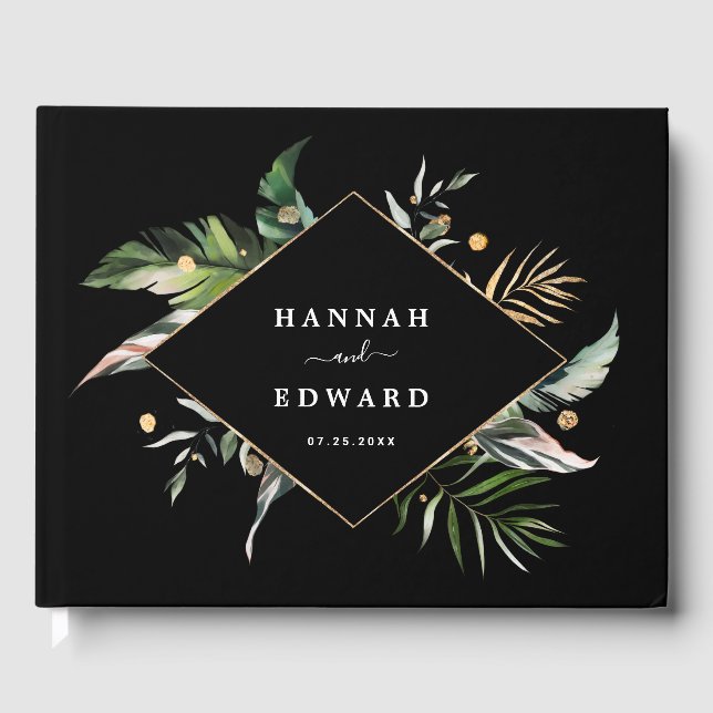 Wild-tropische Foliage-Hochzeit Schwarz Gästebuch (Vorderseite)