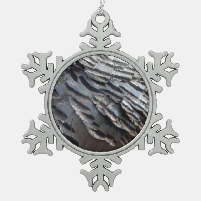 Wild Turkey Feathers II Abstrakte Naturgestaltung Schneeflocken Zinn-Ornament (Vorderseite)
