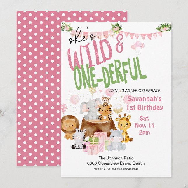 Wild und einfältig Pink Baby Animal zum Geburtstag Einladung (Vorne/Hinten)