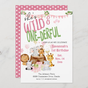 Wild und einfältig Pink Baby Animal zum Geburtstag Einladung