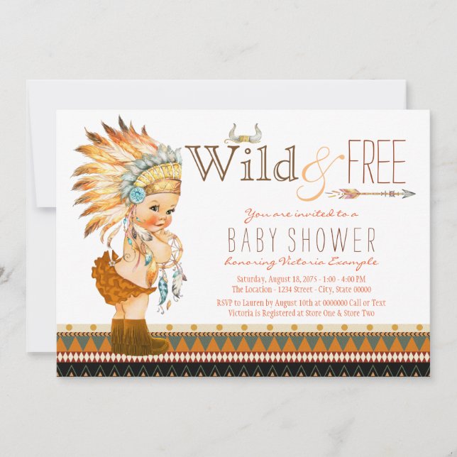 Wild und kostenlos Girls Boho Tribal Baby Shower Einladung (Vorderseite)