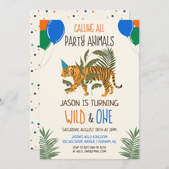 Wild und One Jungle Zoo Birthday Invitation Boy Einladung (Vorne/Hinten)