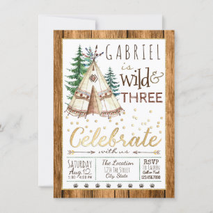Wild und Three Tribal TeePee Dritter 3. Geburtstag Einladung