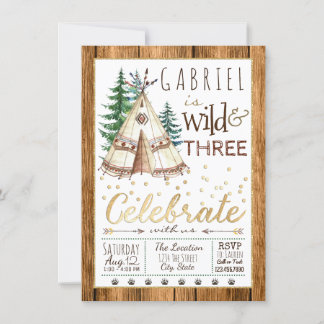 Wild und Three Tribal TeePee Dritter 3. Geburtstag Einladung