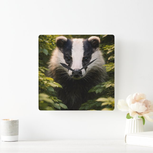 Wild watcher, Majestic British badger Square wall  Quadratische Wanduhr (Zuhause)