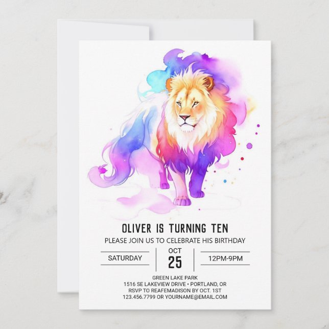Wild Watercolor Lion Birthday Einladung (Vorderseite)