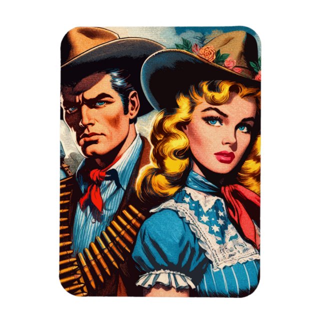 Wild West Couple Retro Comic Magnet (Vertikal)
