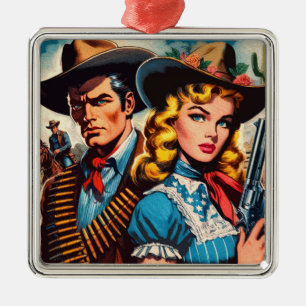 Wild West Couple Retro Comic Ornament Aus Metall