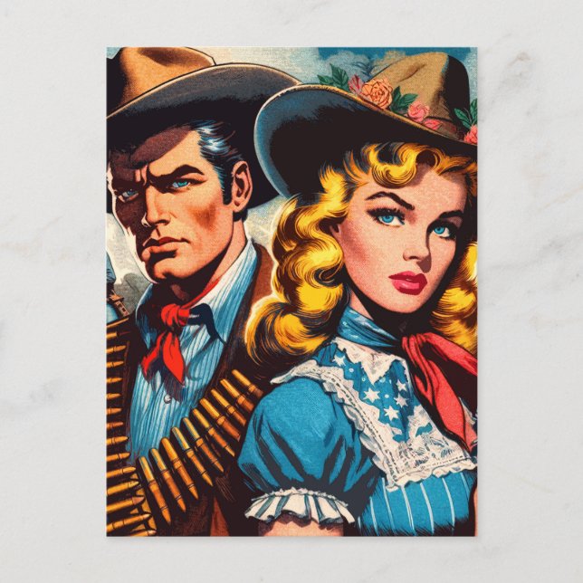 Wild West Couple Retro Comic Postkarte (Vorderseite)