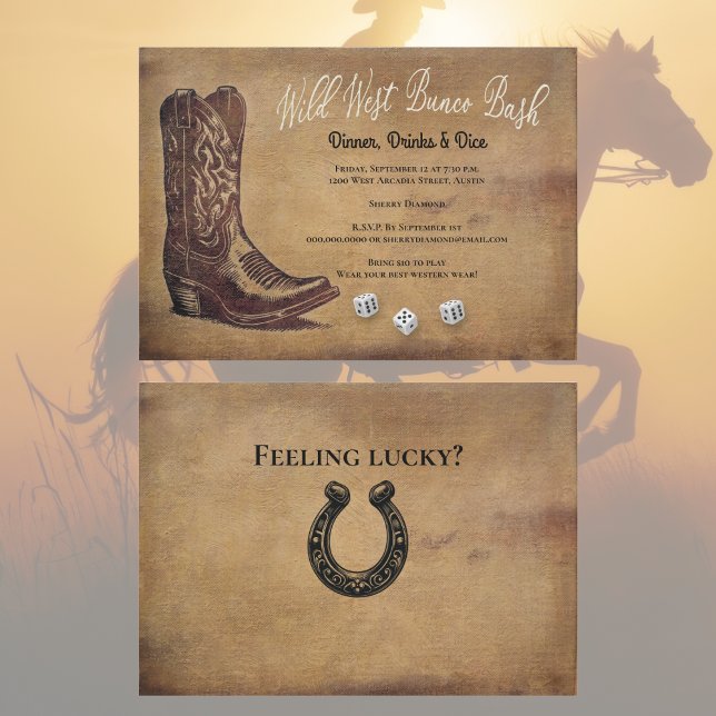 Wild West Cowboy Boot Bunco Einladung (Bunco Invitation - Western themed for your favorite cowgirls and cowboys. Wild West Bunco Bash. )