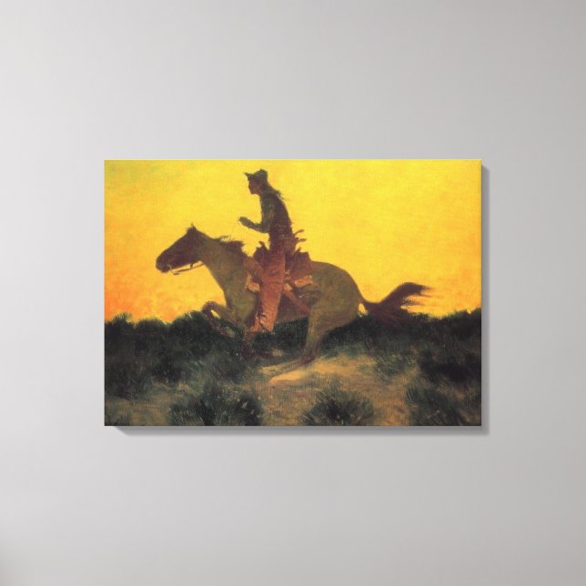 Wild West Cowboy Horseriding gegen den Sonnenunter Leinwanddruck (Vorderseite)