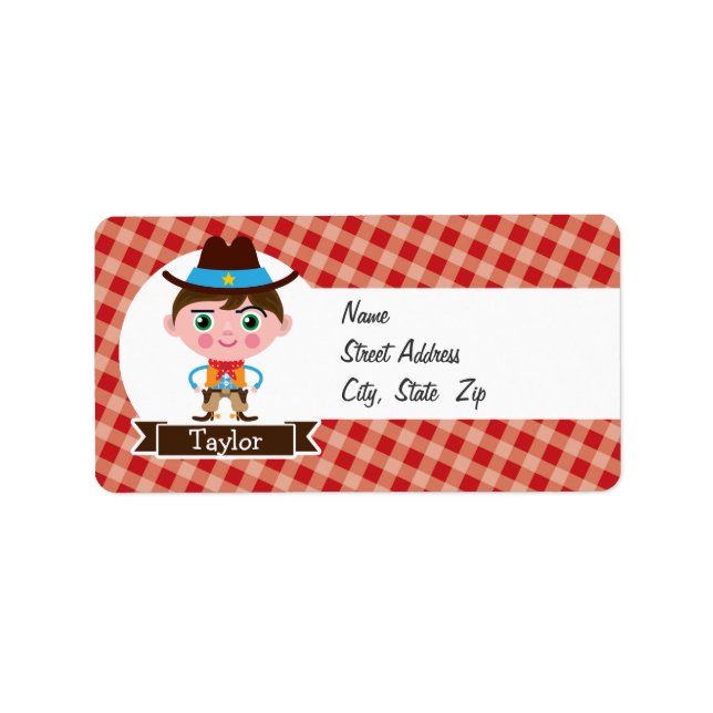 Wild West Cowboy Sheriff, Red Gingham Kid Adressaufkleber (Vorne)