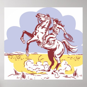 Wild West Cowgirl: Vintage Linie Zeichnend. Poster
