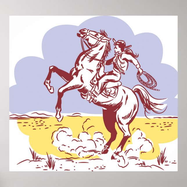 Wild West Cowgirl: Vintage Linie Zeichnend. Poster (Vorne)
