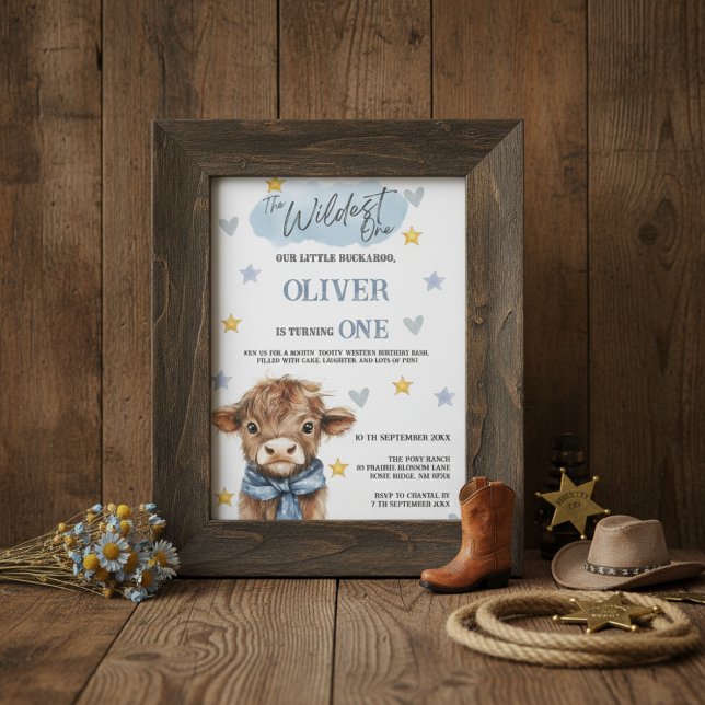 Wild West First Birthday • Little Buckaroo Theme Einladung (Cowboy-style Wildest One birthday invite in rustic frame with hat, rope, and burlap background)