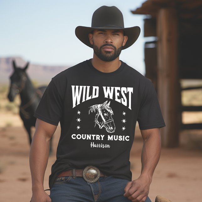 Wild West Horse Country Music Schwarz-weißer T - S T-Shirt (Von Creator hochgeladen)