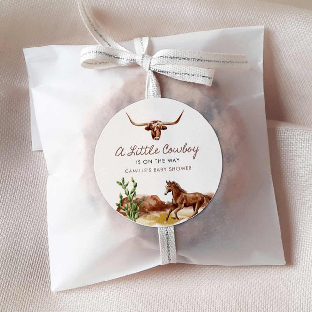 Wild West Little Cowboy Baby Shower Runder Aufkleber (A little Cowboy Baby Shower Favor Sticker)