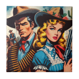 Wild-West-Pärchen Retro-Comics Fliese