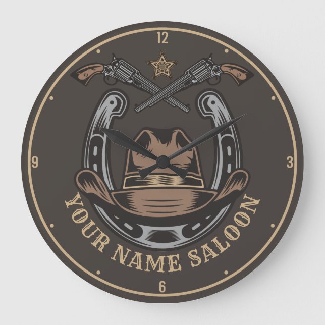 Wild West Revolver Horseshoe Western Cowboy Saloon Große Wanduhr (Vorderseite)