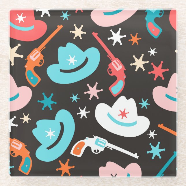 Wild West, Revolvers Cowboy Pattern. Glasuntersetzer (Vorderseite)