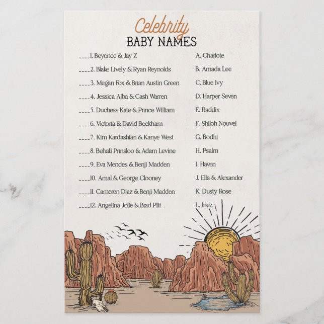 Wild West Rodeo Berühmtheit Baby Names Duschspiel (Vorderseite)