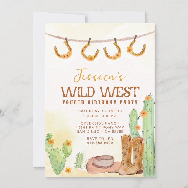 Wild West Rodeo Birthday Invitation ・ Cowgirl Einladung (Vorderseite)